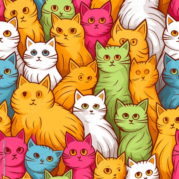 Fototapeta Cute drawing of cats in seamless pattern