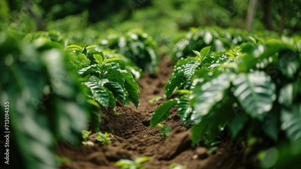 Fototapeta A close-up view of a field of coffee plants. This image can be used to showcase the beauty and details of coffee plantations.