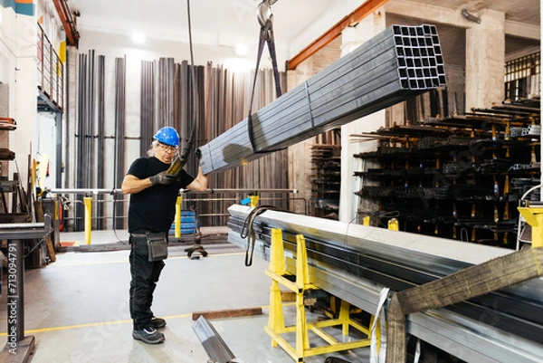 Fototapeta Construction work man using industrial machine in workshop