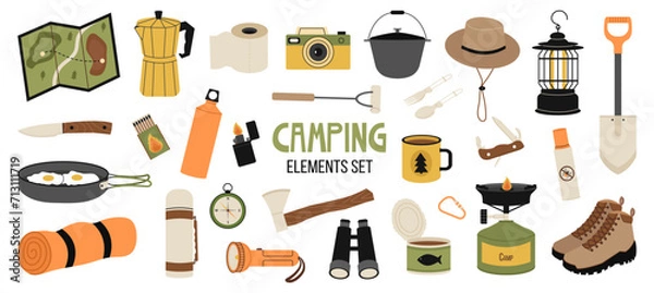 Fototapeta Camping and hiking stickers set. Vector hand drawn illustration collection of outdoor recreation elements: cartoon chair, boots, tent, map, backpack, binoculars, spade, axe, knife, frying pan, guitar 