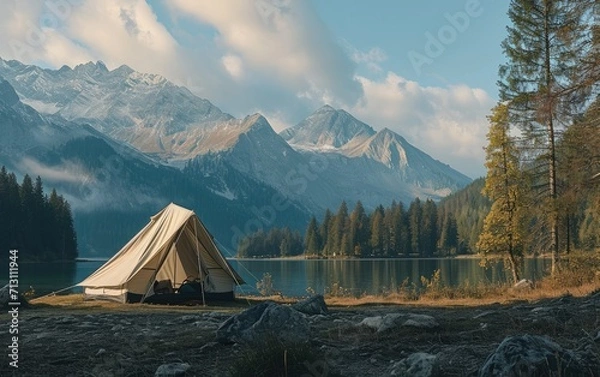 Fototapeta Mountain Tent Getaway: A tent pitched in the serene mountains, offering a restful retreat away from the hustle and bustle of civilization