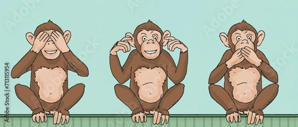 Fototapeta I didn't see it, I didn't hear it, I don't know. Three monkeys drawing.