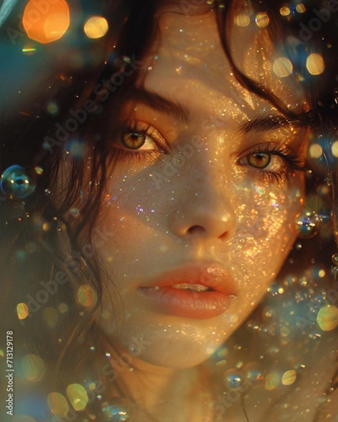 Fototapeta photo shot of a beautiful young woman in romantic dramatic retro analog style, vintage grainy photoshoot with brunette girl with water, holographic bubbles and sparkles with summer vibes