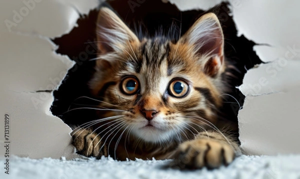 Fototapeta Curious tabby kitten peeking through a torn white paper hole, playful and inquisitive feline concept with copy space, perfect for pet-related content
