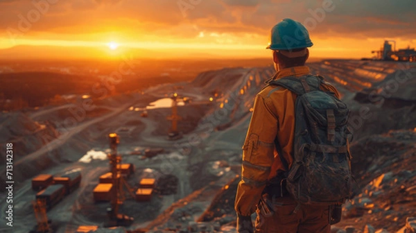 Fototapeta Homme btp sur un chantier de dos, avec un coucher de soleil