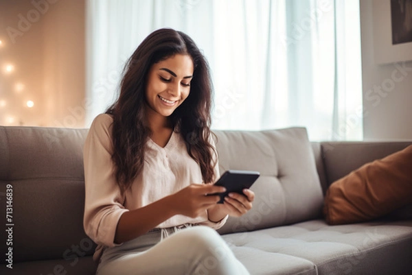 Fototapeta Happy young Latin woman sitting on sofa holding mobile phone using cellphone technology doing ecommerce shopping, buying online, texting messages.