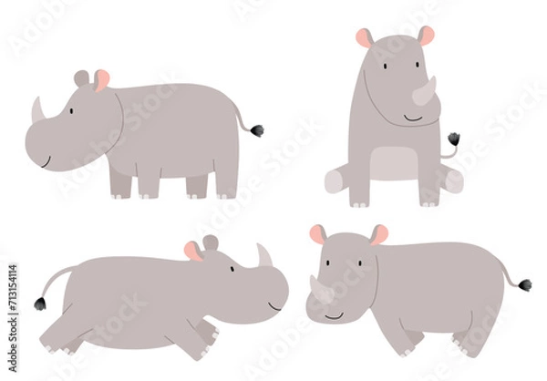 Obraz Cute rhino drawing  cartoon character flat vector illustrations set.