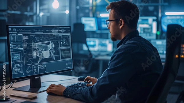 Obraz Engineer Working on 3D CAD Design in Night Office. Focused engineer analyzing complex 3D CAD design on a computer screen in a night high-tech office environment.