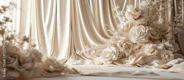 Fototapeta Wedding banquet decoration in tender beige color. Copy space image. Place for adding text