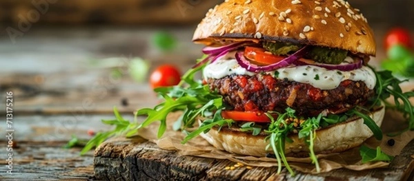 Fototapeta Juicy vegan burger with homemade sauce and lettuce. Copy space image. Place for adding text