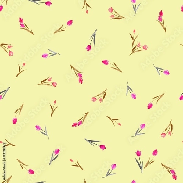 Obraz 花柄、チューリップのシームレスなパターン、春のイラスト、テキスタイル、壁紙、包装紙、