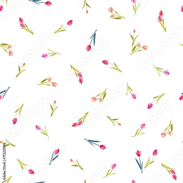 Obraz 花柄、チューリップのシームレスなパターン、春のイラスト、テキスタイル、壁紙、包装紙、