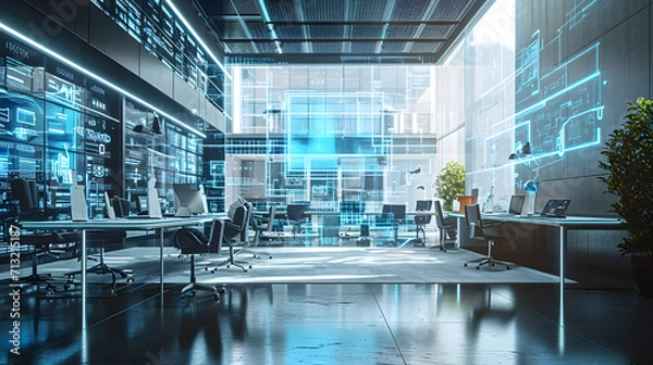 Obraz Futuristic Office Workspace with Holographic Interfaces and Modern Technology