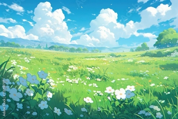 Fototapeta green field with sky background in pixel art style.