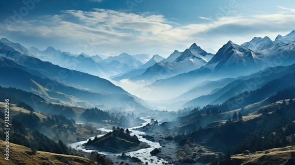 Fototapeta mountain views with a background of layers of hills illustration