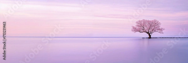 Fototapeta Einsamer blühender Baum an einem ruhigen See bei Morgendämmerung, Generative AI