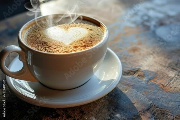 Fototapeta A cup of steaming hot coffee with a heart-shaped foam art with copy space.