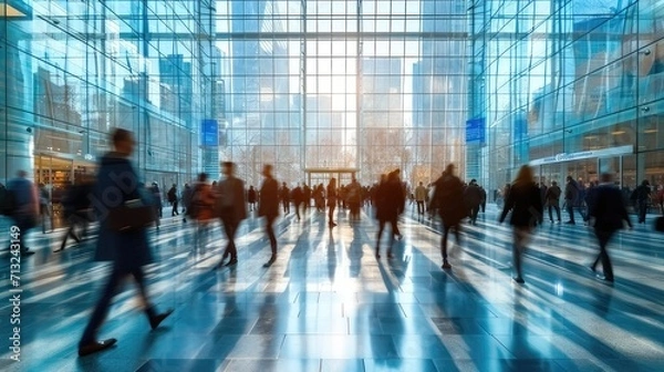 Fototapeta Dynamic Motion Blur. Blurred Business People Walking at a Modern Trade Fair or Conference
