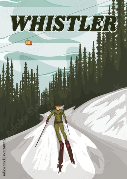 Obraz A men solo skiing in whistler mountain illustration. Snowboarding on whistler mountain Canada. Ski resort in the mountain poster design