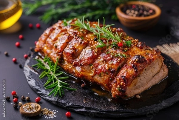 Obraz roast beef with rosemary and spices on a wooden cutting board