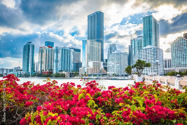 Fototapeta Miami waterfront skyline sunset view from Brickell Key, Florida