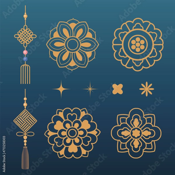 Fototapeta 한국 단청과 노리개 상징 아이콘 라인 일러스트