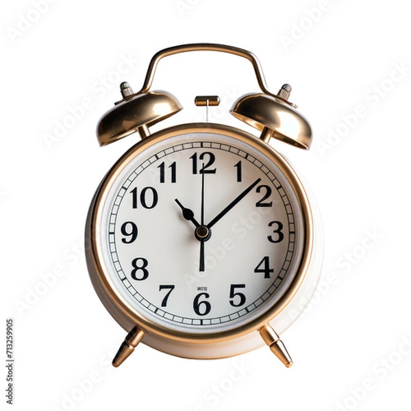 Fototapeta Golden old fashioned alarm clock isolated on transparent background
