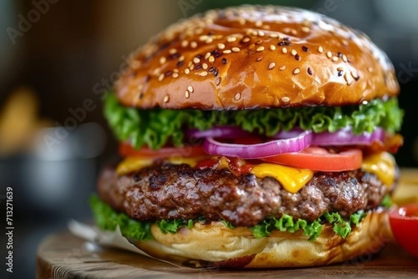 Obraz Close-up of homemade beef burger on rustic wooden cutting board. Hamburger with Black Angus cutlet, cheese, tomatoes, red onion and green salad leaves, topped with sesame seeds. Side view.