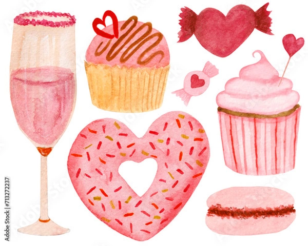 Fototapeta Цatercolor set, donut, candies, cupcakes, glass, macaroon isolated on white background. For various products, cards etc