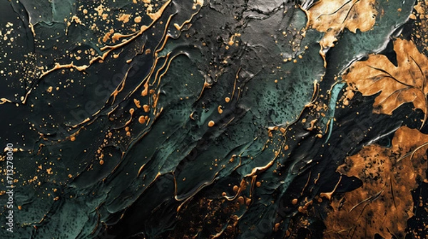 Fototapeta Texture of dark green paint with gold drops
