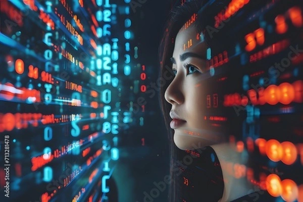 Obraz Woman with code analysis information technology.