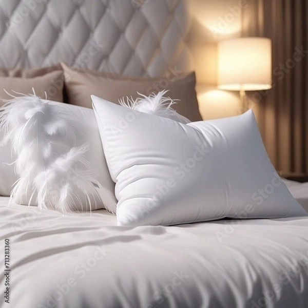 Obraz Beautiful white feather pillow on bed in bedroom. 3d rendering