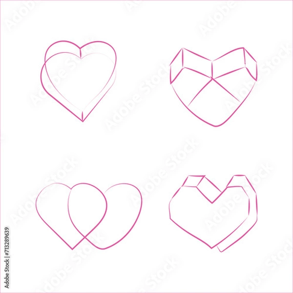 Fototapeta Doodle of heart,3D heart. Sketch of pink heart  symbol graphic set. Hand drawn heart.