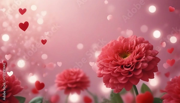 Fototapeta Valentines day background with red flowers and bokeh lights. Generative AI