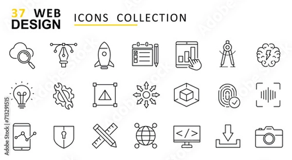 Fototapeta Line drawings of web design icons, including tools, ideas, and technology. 
