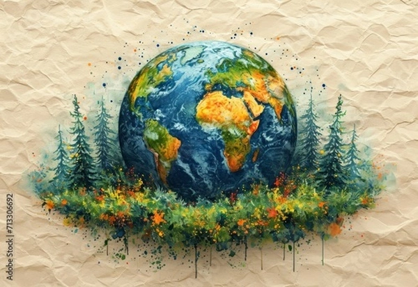 Obraz Earth day concept on old paper. Cartoon style, World environment day, with flowers. Illustration of the green planet with plants. Watercolor style