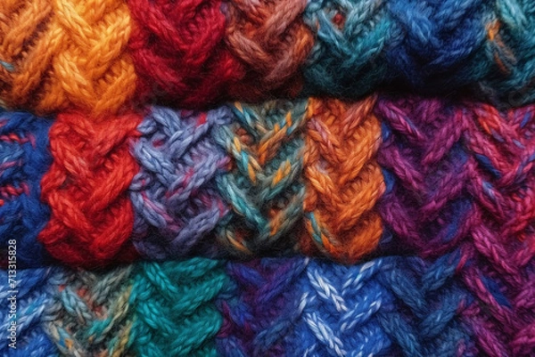 Fototapeta A close-up of a woolen product knitted with different plaid yarns, perfect for crafting hobbies such as knitting and needlework.