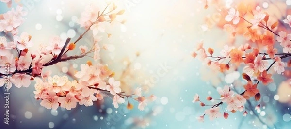 Fototapeta Blossoming trees in spring, a branch of Japanese cherry with pink flowers