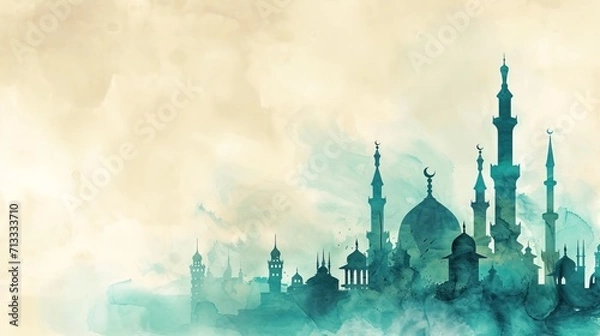 Obraz abstract aquamarine watercolor stain texture background with mosque silhouette for eid greeting card - AI Generated Abstract Art