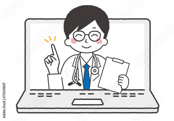Fototapeta パソコンでオンライン診療をしている男性医師。指を刺して説明しているイラスト。