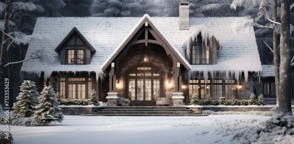 Fototapeta a rustic home in a white snowy winter scene