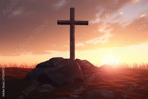 Obraz cross on land with sunset