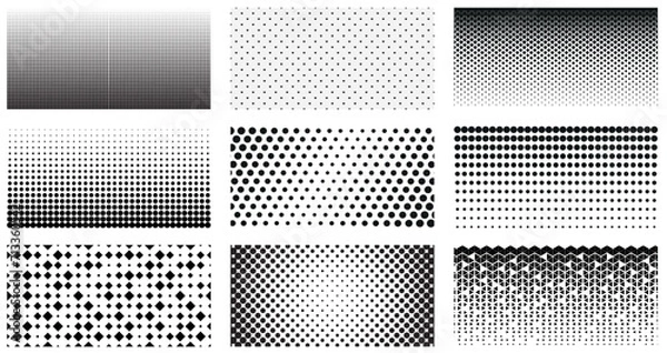 Obraz Halftone gradient. Dotted gradient, smooth dots spraying and halftones dot background. Grunge halftone vector background in black and white colors. Distressed overlay texture