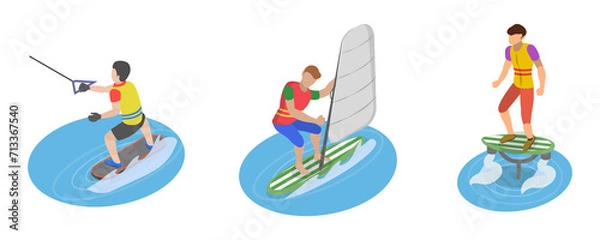 Obraz 3D Isometric Flat  Conceptual Illustration of Extreme Water Sports, Summer Beach Activities