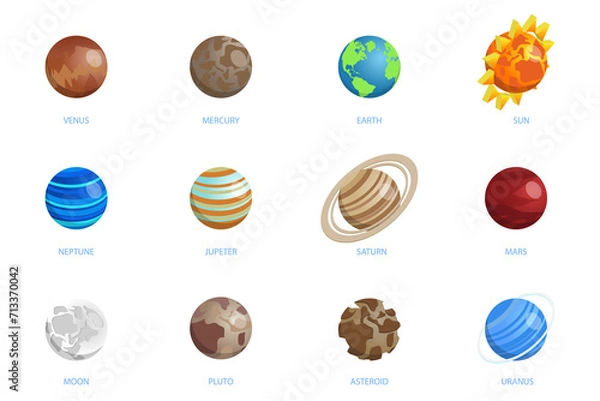 Fototapeta 3D Isometric Flat  Set of Solar System Planets, Galaxy Astronomical Objects