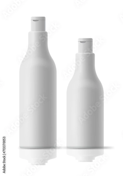 Fototapeta White plastic bottles for shampoo or conditioner on a transparent background. Realistic vector illustration