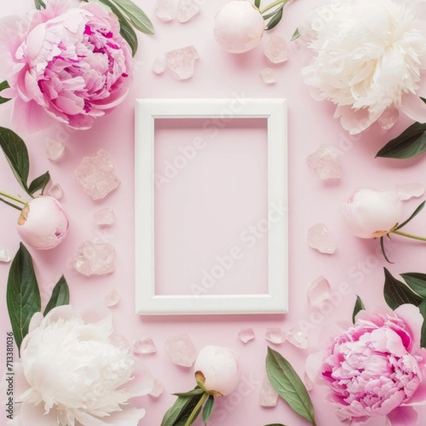 Fototapeta Feminine Flat Lay arrangement with white picture frame, pink and white Peony Flowers and crystals
