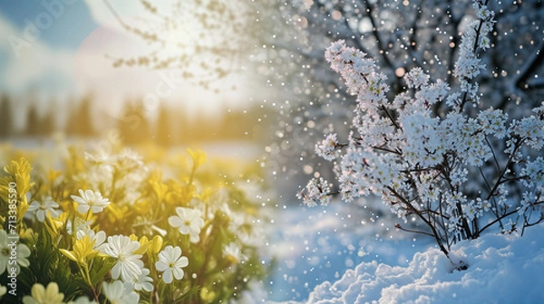 Obraz Beautiful spring flowers in the snow. Nature background with white flowers.