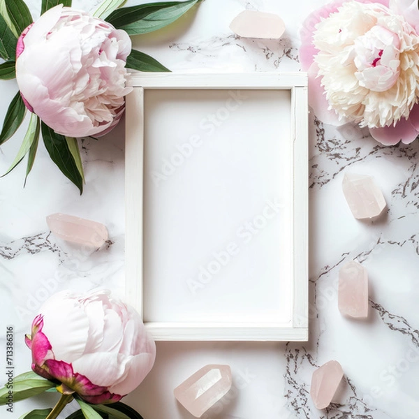 Fototapeta Flat Lay arrangement with rustic white picture frame, and Peony flowers on a marble backdrop
