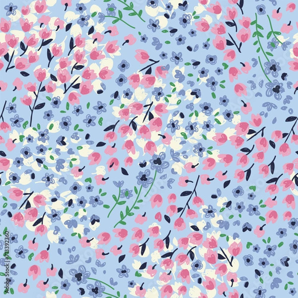 Fototapeta Pretty ditsy floral seamless pattern in blues and pinks. Vector repeat pattern. Abstract hand drawn small flowers and leaves. Girly cute print for files, teens, fashion and nightwear 